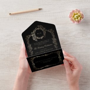 Invitation Tout En Un Ebony Black Gold Botanical Wreath Classic Mariage