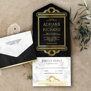 Invitation Tout En Un Échelle de poisson noir et or Art Déco mariage en