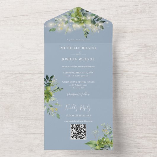 Invitation Tout En Un Éclairages en guirlande de verdure Code QR mariage (À l'intérieur)