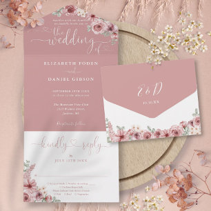 Invitation Tout En Un Écriture Calligraphique Florale Mariage Rose Pouss