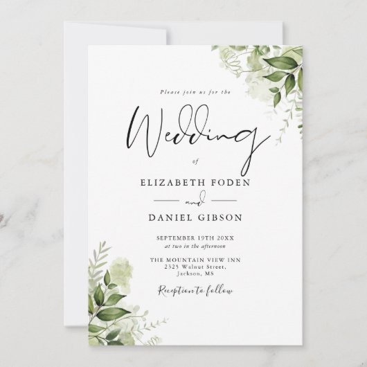 Invitation Tout En Un Écriture Florale De Verdure Mariage (Devant)
