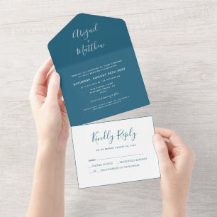 Invitation Tout En Un Écriture minimaliste Turquoise foncée moderne Mari