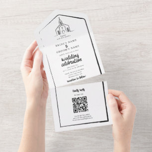 Invitation Tout En Un Église dessinée à la main Mariage traditionnel et