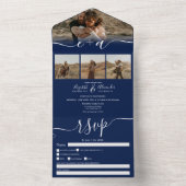 Invitation Tout En Un Elégant 4 Photos marine bleu moderne script mariag (À l'intérieur)