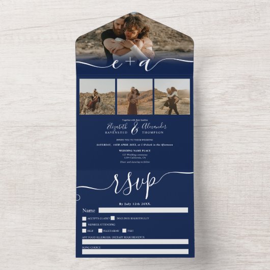 Invitation Tout En Un Elégant 4 Photos marine bleu moderne script mariag (À l'intérieur)