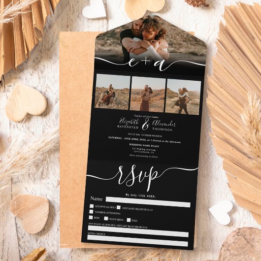 Invitation Tout En Un Elégant 4 Photos noir blanc mariage de script mode