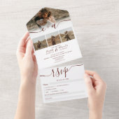 Invitation Tout En Un Elégant 4 Photos rouge blanc mariage de script mod (Déchirure)