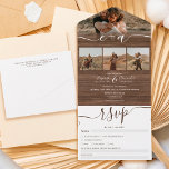 Invitation Tout En Un Elegant 4 Photos rustic brown wood script wedding<br><div class="desc">Elegant rustic brown country barn wood elegant classic in one calligraphy wedding invitation with rsvp and initials monogram. With a modern and trendy script,  add 4 of your photos.</div>