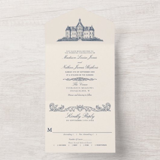 Invitation Tout En Un Élégant Ancien Château Manor Mariage (À l'intérieur)