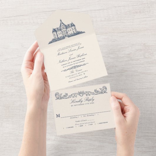 Invitation Tout En Un Élégant Ancien Château Manor Mariage (Déchirure)