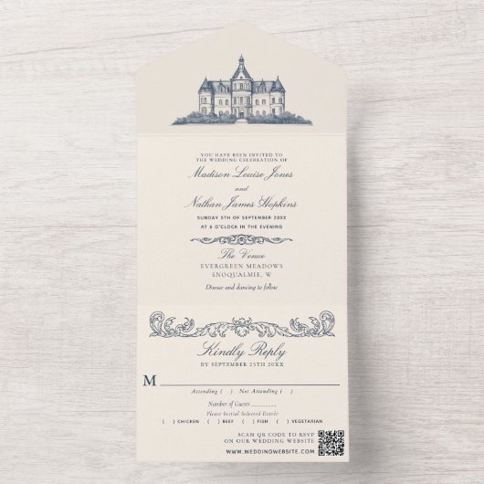 Invitation Tout En Un Élégant Ancien Château Manor Mariage QR Code (À l'intérieur)
