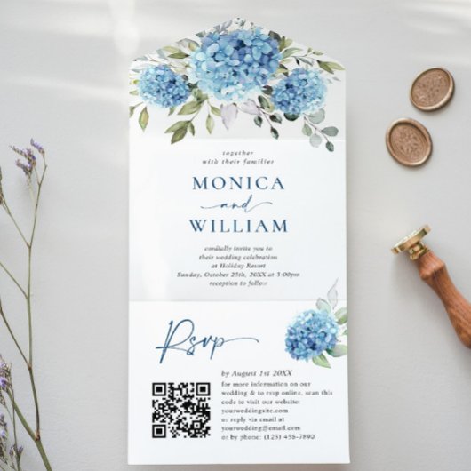 Invitation Tout En Un Elégant aquarelle bleu Hydrangea QR code Mariage