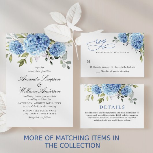 Invitation Tout En Un Elégant aquarelle bleu Hydrangea QR code Mariage