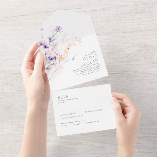 Invitation Tout En Un Elégant Aquarelle douce Fleurs Mariage violet (Déchirure)