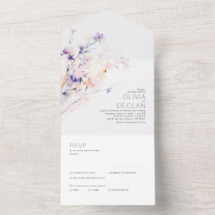 Invitation Tout En Un Elégant Aquarelle douce Fleurs Mariage violet