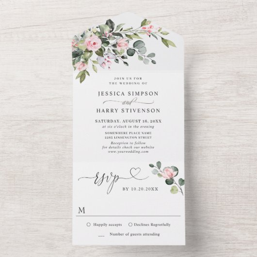 Invitation Tout En Un Elégant Aquarelle Eucalyptus Blush Rose Mariage (À l'intérieur)