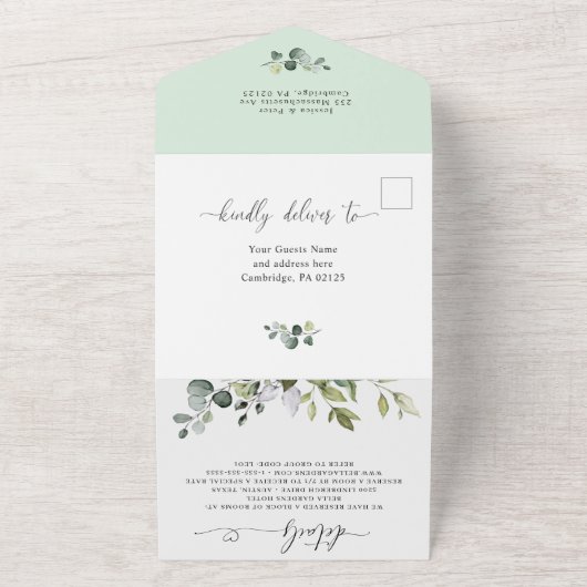 Invitation Tout En Un Elégant aquarelle Eucalyptus Mariage code QR (Dehors)
