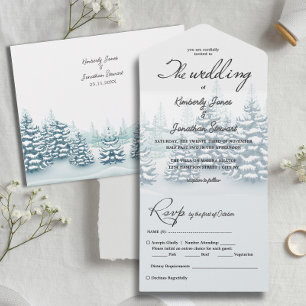 Invitation Tout En Un Elégant aquarelle Pine arbres RSVP Mariage d'hiver