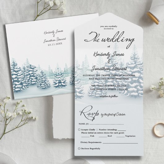 Invitation Tout En Un Elégant aquarelle Pine arbres RSVP Mariage d'hiver