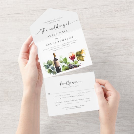 Invitation Tout En Un Elégant Aquarelle Vignoble Monogram Mariage (Déchirure)