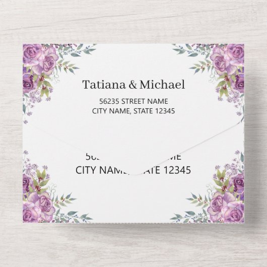 Invitation Tout En Un élégant aquarelle violet fleuri qr code mariage (Verso)