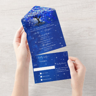 Invitation Tout En Un Élégant Arbre à Feuille de Coeur Bleu Royal Mariag