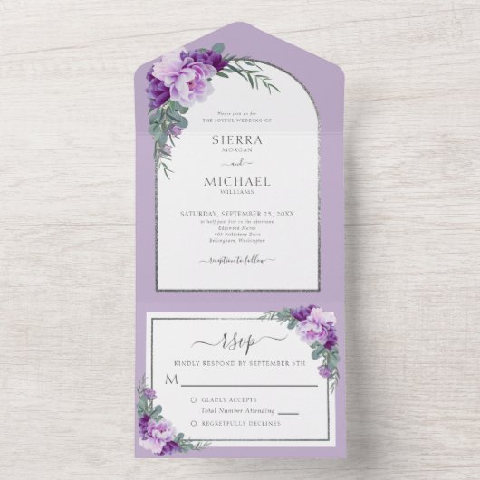 Invitation Tout En Un Elégant Arc Mariage de feuillage fleuri violet arg (À l'intérieur)