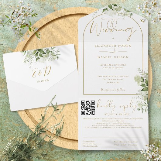 Invitation Tout En Un Elégant Arc Or QR Code Mariage de verdure