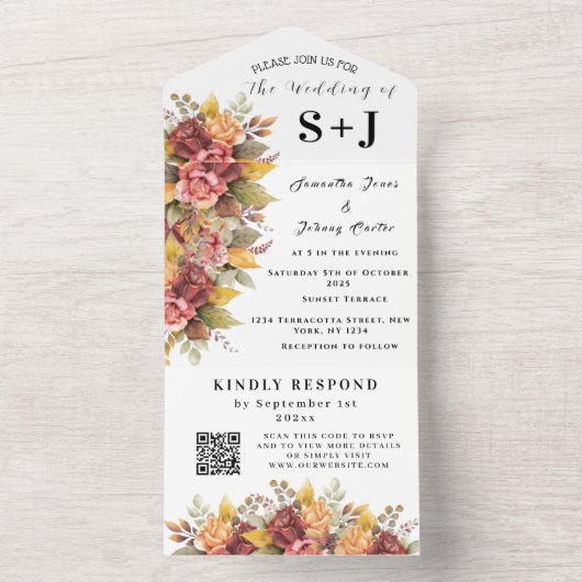 Invitation Tout En Un Élégant automne automne automne fleurs mariage RSV (À l'intérieur)