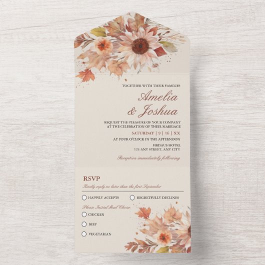 Invitation Tout En Un Élégant automne automne Mariage d'aquarelle floral (À l'intérieur)