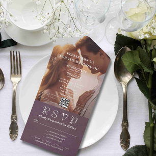 Invitation Tout En Un Élégant automne Eggplant Grey QR Code photo