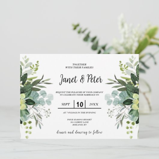 Invitation Tout en un, élégant avec Mariage feuille eucalyptu (Debout devant)