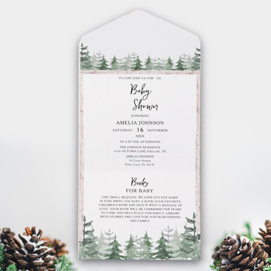 Invitation Tout En Un Elégant Baby shower Aquarelle Pine