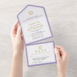 Invitation Tout En Un Élégant Bat mitzvah Gold Purple<br><div class="desc">Elégant Bat mitzvah doré violet tout en une invitation</div>