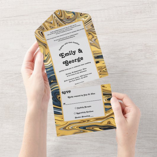 Invitation Tout En Un Élégant Black and Gold Waves Abstrait Art Mariage (Déchirure)