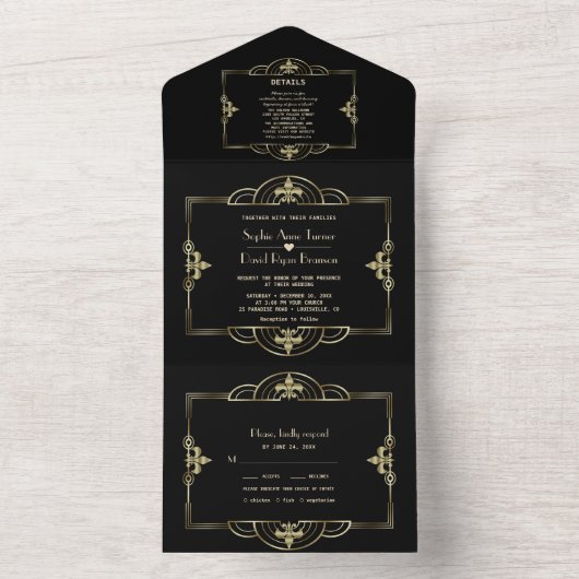 Invitation Tout En Un Elégant Black Gold Great Gatsby Art Déco Mariage (À l'intérieur)
