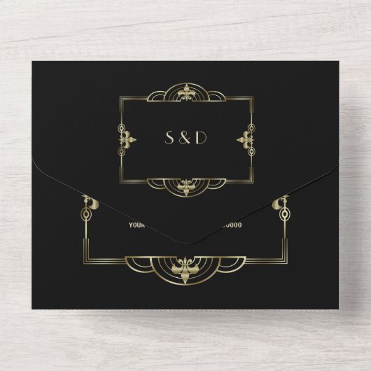 Invitation Tout En Un Elégant Black Gold Great Gatsby Art Déco Mariage (Verso)