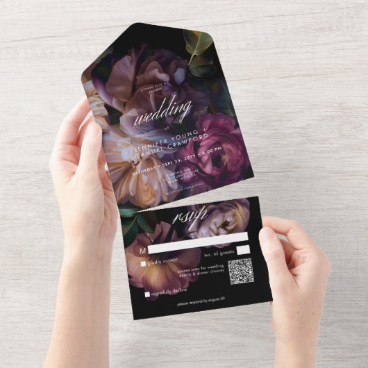 Invitation Tout En Un Elégant Black Moody Floral Mariage QR Code (Déchirure)