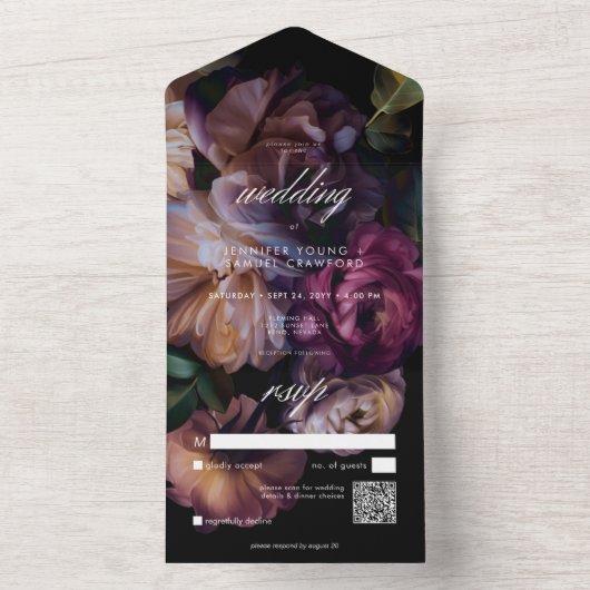 Invitation Tout En Un Elégant Black Moody Floral Mariage QR Code (À l'intérieur)