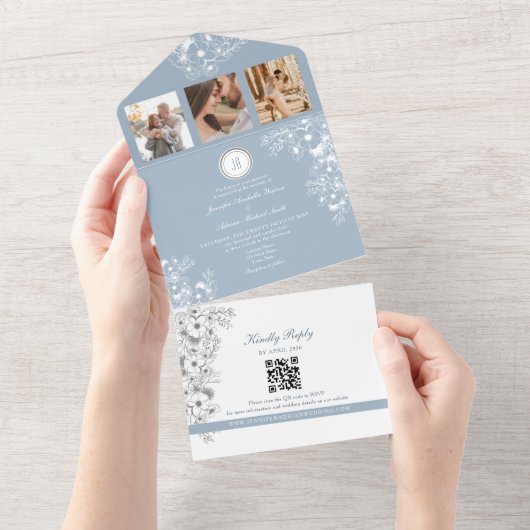 Invitation Tout En Un Elégant blanc floral Dusty Mariage bleu (Déchirure)