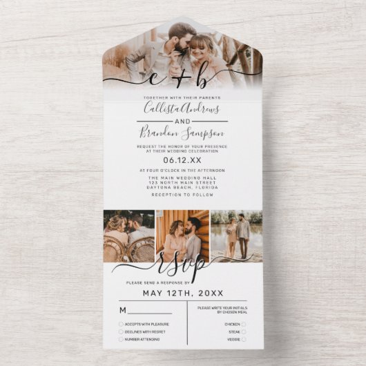 Invitation Tout En Un Elégant blanc noir photo Monogramme mariage RSVP (À l'intérieur)