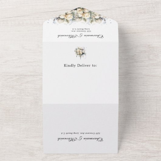 Invitation Tout En Un Elégant blanc Roses RSVP QR Code Mariage (Dehors)