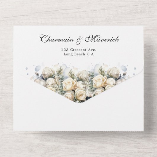 Invitation Tout En Un Elégant blanc Roses RSVP QR Code Mariage (Verso)