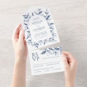 Invitation Tout En Un Elégant bleu azur aquarelle Floral Arch Mariage