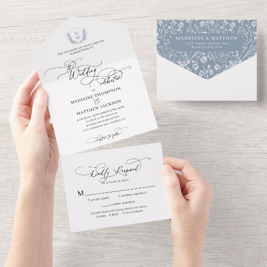 Invitation Tout En Un Elégant bleu bleu floral Crest Mariage