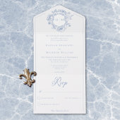 Invitation Tout En Un Elégant bleu Chinoiserie Bird Crest Mariage
