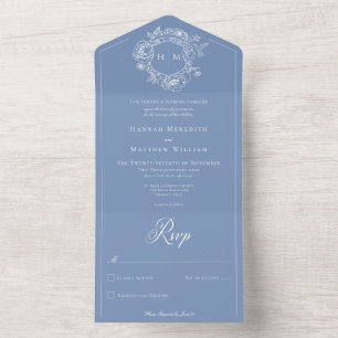 Invitation Tout En Un Elégant bleu Chinoiserie Bird Crest Mariage