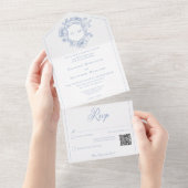 Invitation Tout En Un Elégant bleu Chinoiserie Bird Crest Mariage QR (Déchirure)