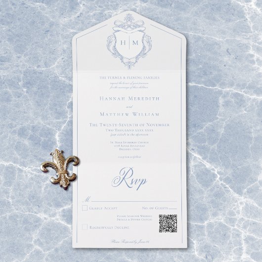 Invitation Tout En Un Elégant bleu Chinoiserie Bird Crest Mariage QR