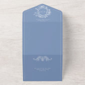 Invitation Tout En Un Elégant bleu Chinoiserie Bird Crest Mariage QR (Dehors)